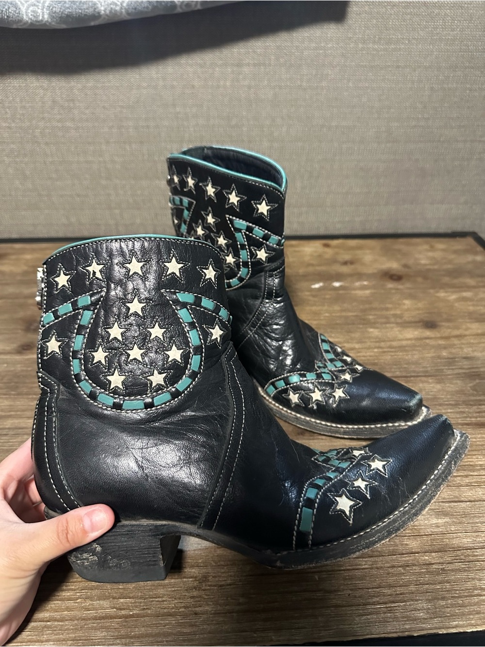 Double D Ranch Black Leather Western Booties with Turquoise & White Star Accents